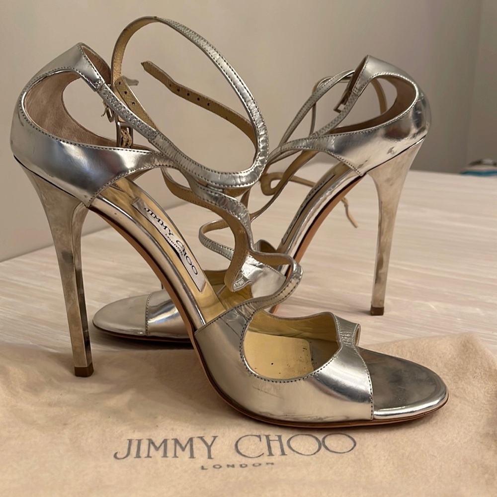 Jimmy Choo Lance silver leather high heel sandal. Size 39 (euro)/ Size 9 (USA)